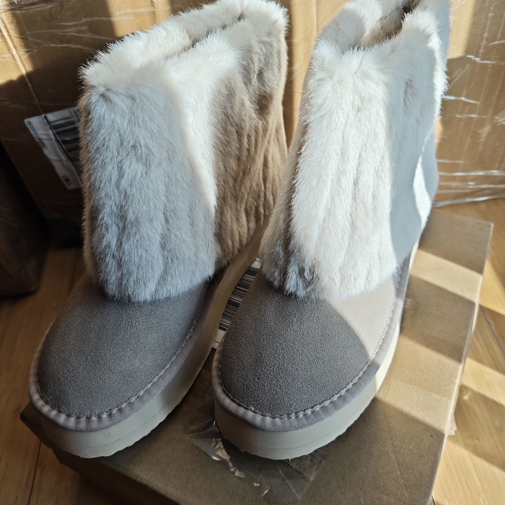 Women's Gray and White Fur Boots